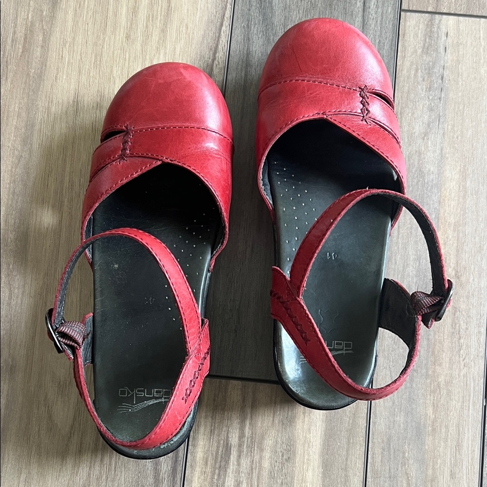 Dansko Red Leather Clog Sandals with Buckle